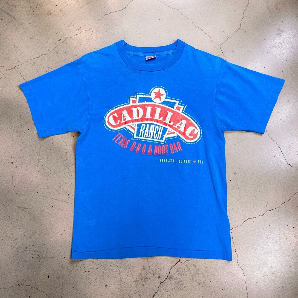 Vintage Cadillac Ranch Men M Blue Graphic T-Shirt USA Made Single Stitch Fruit